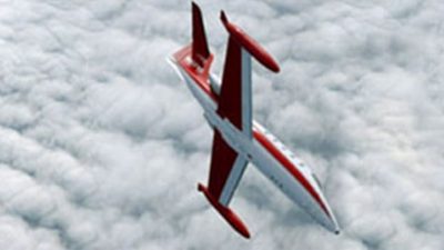 Futuristic plane flying above clouds