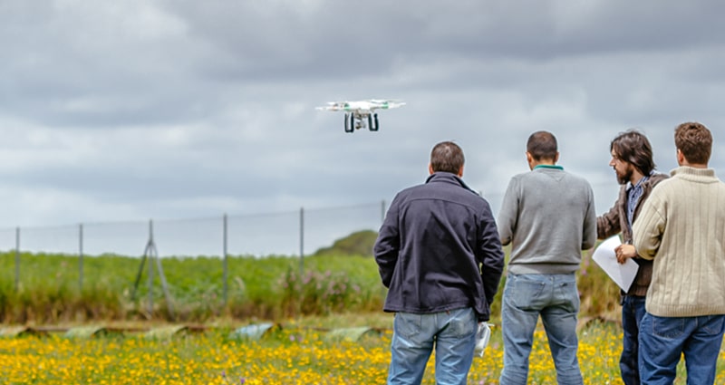 Group of four men flying drone in a field