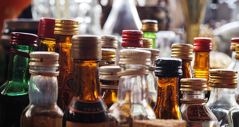 Close-up of several liquor bottles