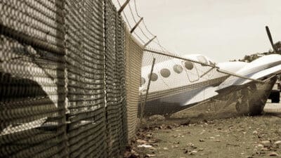 Small plane crashes through fence in emergency landing.