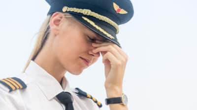 Female aviator in uniform with her head down feeling fatigued and stressed.