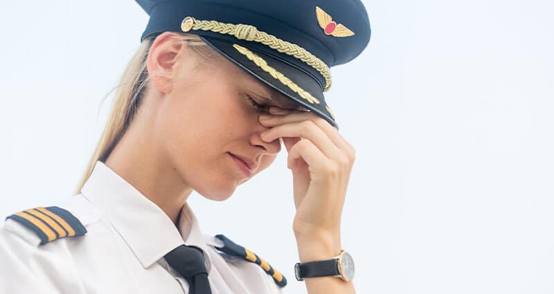 Female aviator in uniform with her head down feeling fatigued and stressed.