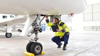 Ground personnel performing safety inspection of an aircraft.