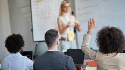 Female manager leading a business lecture.