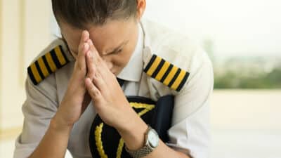 Stressed female pilot sitting at the airport.