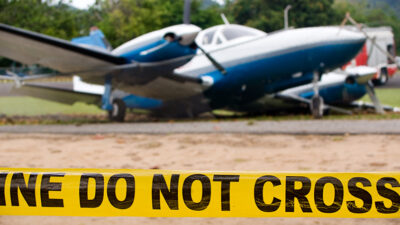 Plane crash scene with police line do not cross tape in foreground
