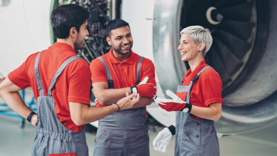 airplane mechanics talking in the hangar