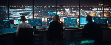 Air traffic control team working in airport tower