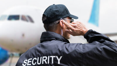 airport security guard listening to earpiece